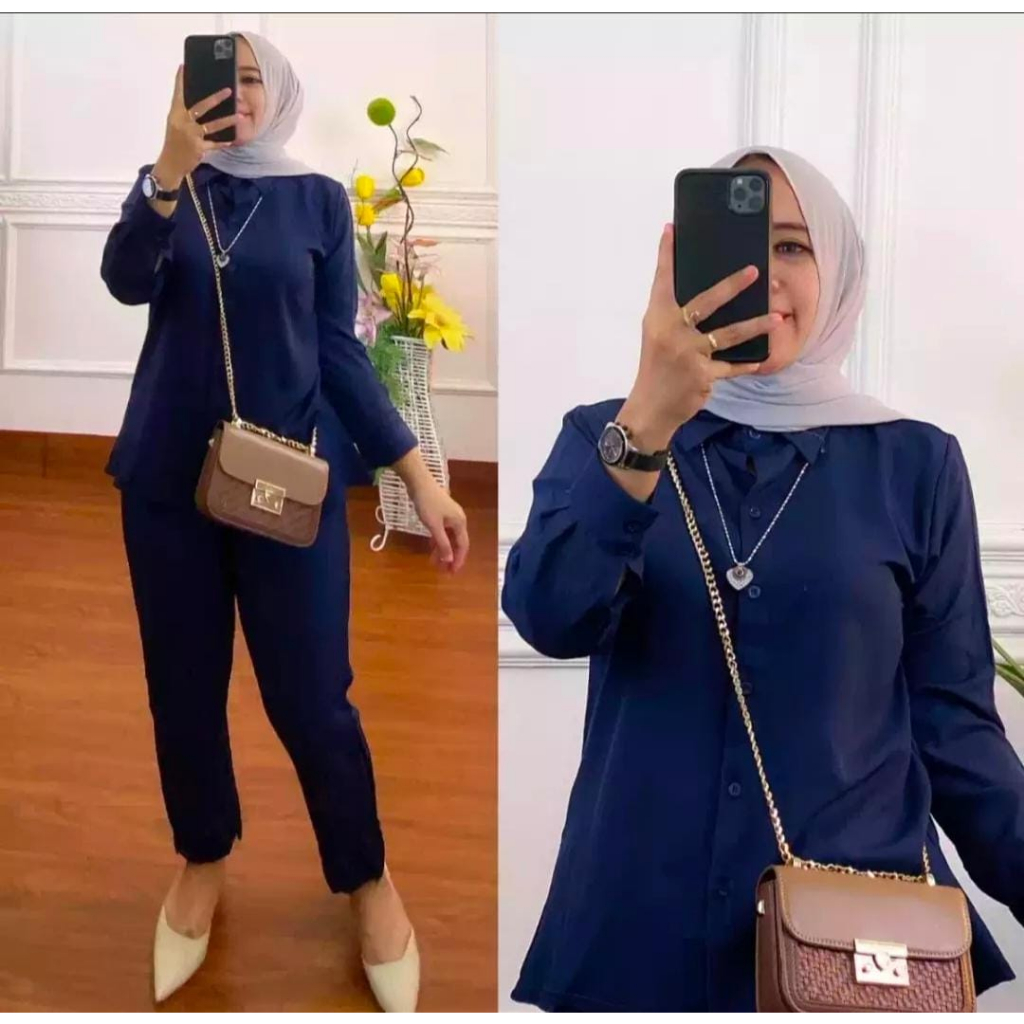 Baju Setelan Wanita Rayon Polos Celana Panjang Kancing Depan Ld 110 cm