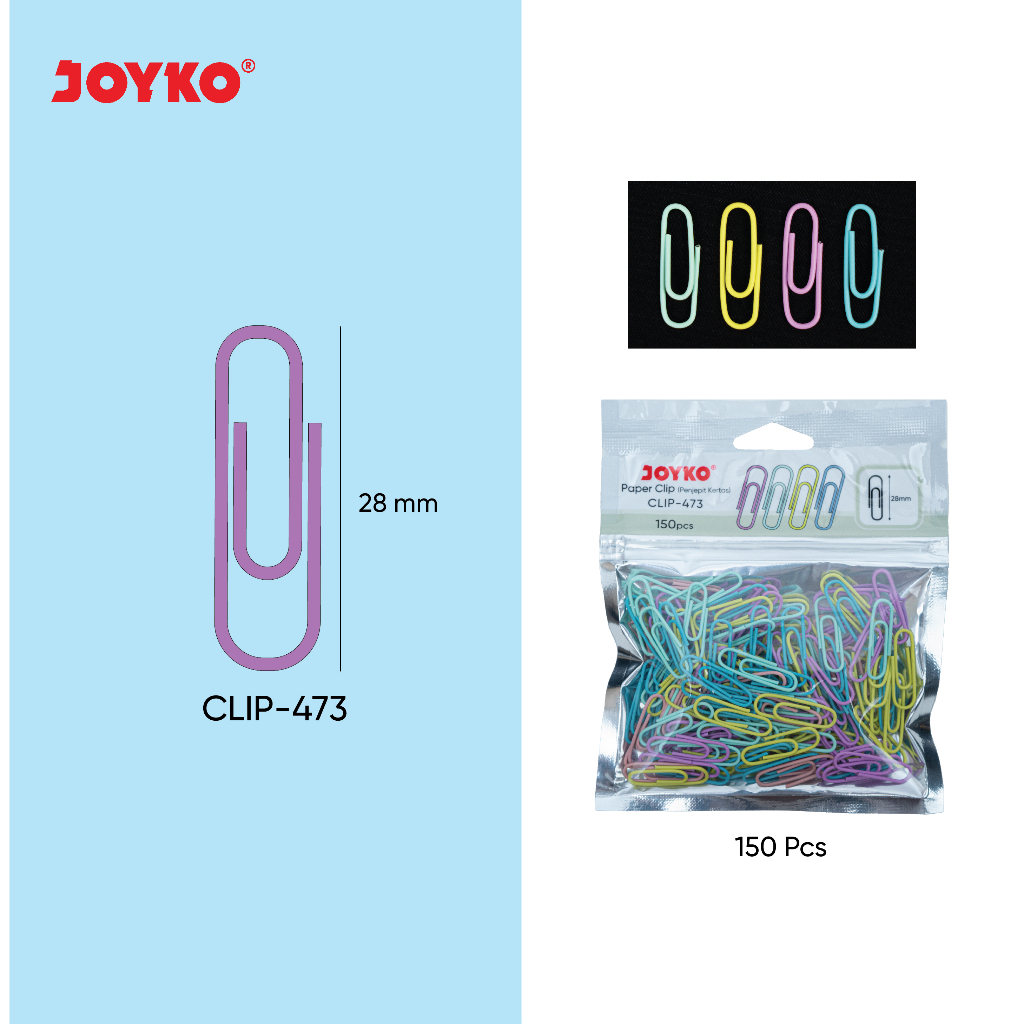 

1 PAK / 150 Pcs Paper Klip Penjepit Kertas Joyko CLIP-473 Bright Color