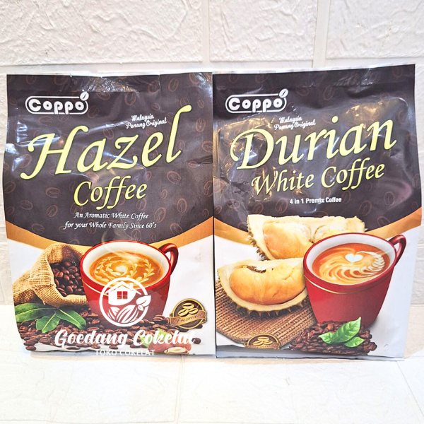 

COPPO DURIAN HAZELNUT HAZEL WHITE COFFEE 4in1 Premium Coffee Kopi Malaysia Penang Original 456g (isi 12's x 38g)