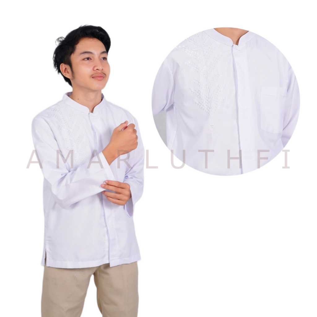 Baju Koko Putih Dewasa Lengan Panjang Muslim Bordir Putih Premium Katun Bianca Halus