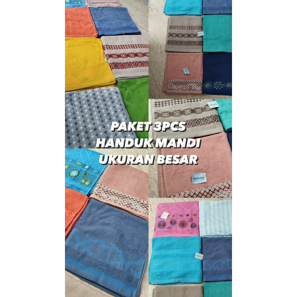 PAKET HEMAT 3PCS HANDUK MANDI DEWASA ANAK KELUARGA UKURAN BESAR MOTIF RANDOM SERAP AIR KUY