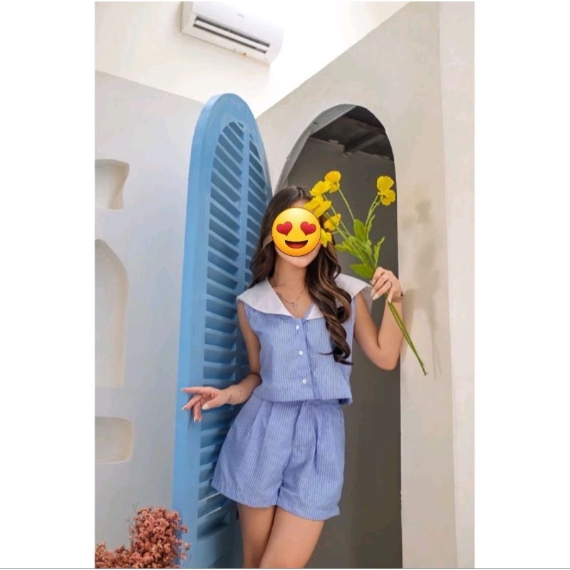 One Set Pelaut Sailor Set Wanita Kekinian Korea Lengan Pendek Celana Pendek Garis Import