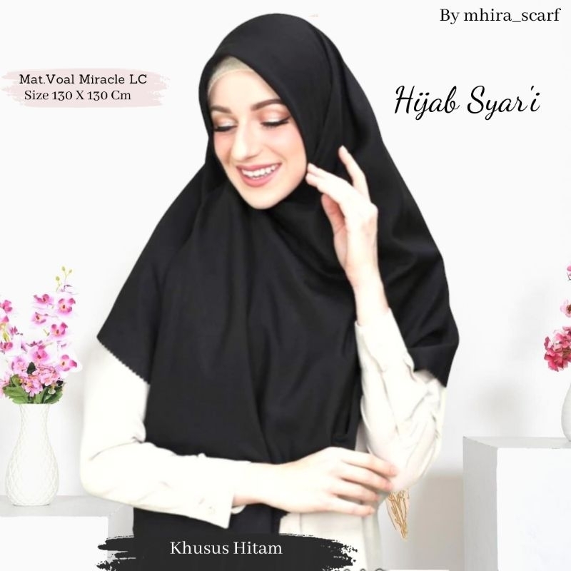 Jilbab Segi Syar'i Hitam Empat Motif Laser Cut  Azara