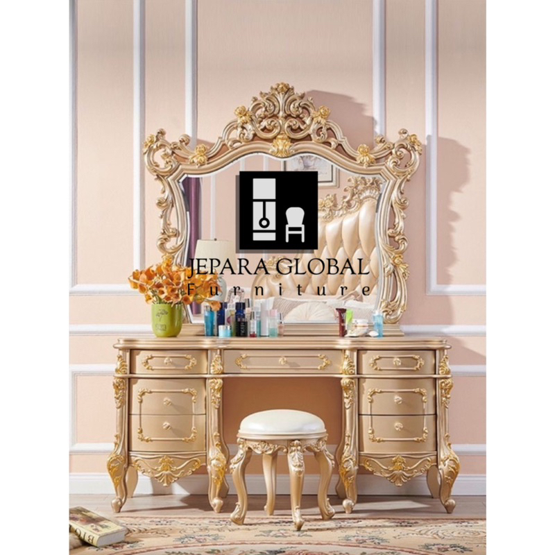 Meja Rias Ukir jati rosegold Terbaru mewah ( dressing table jati,meja rias mewah,meja jati )