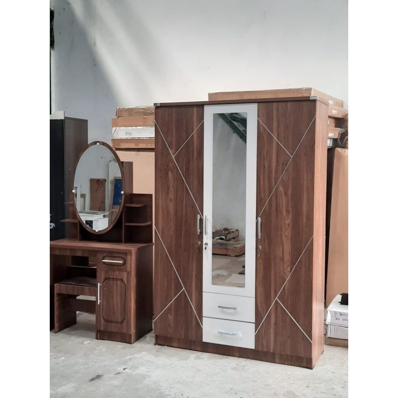 Lemari Pakaian 3 Pintu 2 Laci Coklat Set Meja Rias Sliding +Lemari