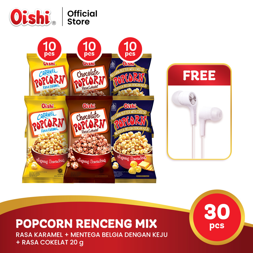 

Oishi Popcorn Renceng Mix Variants [20 gr x 30 pcs] FREE Headset | Makanan Ringan Rasa Keju + Karamel + Cokelat