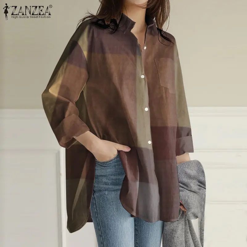ZANZEA Kemeja blouse wanita import kotak-kotak lengan panjang jumbo S-5XL