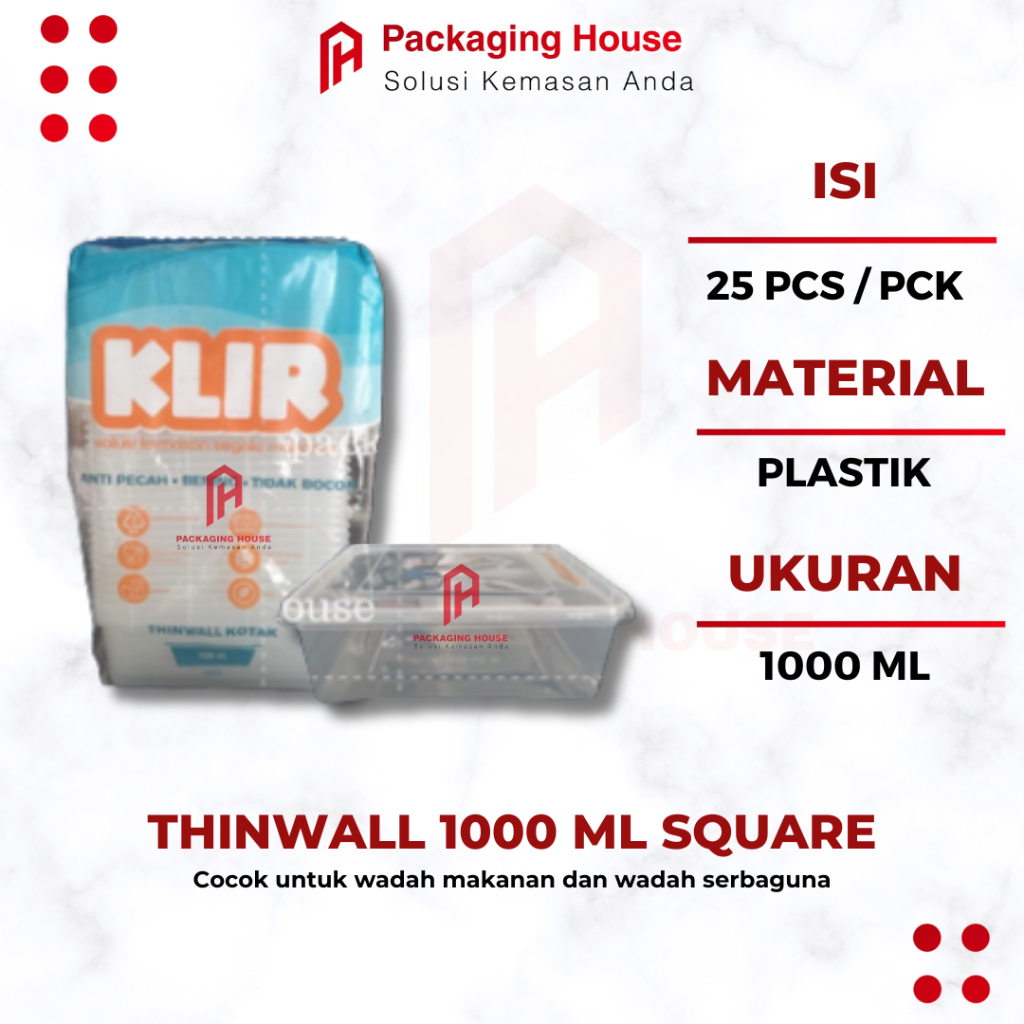 [25 pvs]Thinwall Kotak Persegi 1000 Ml |  Box Thinwall Kotak Square | Kotak Makan Plastik 1000 Ml |