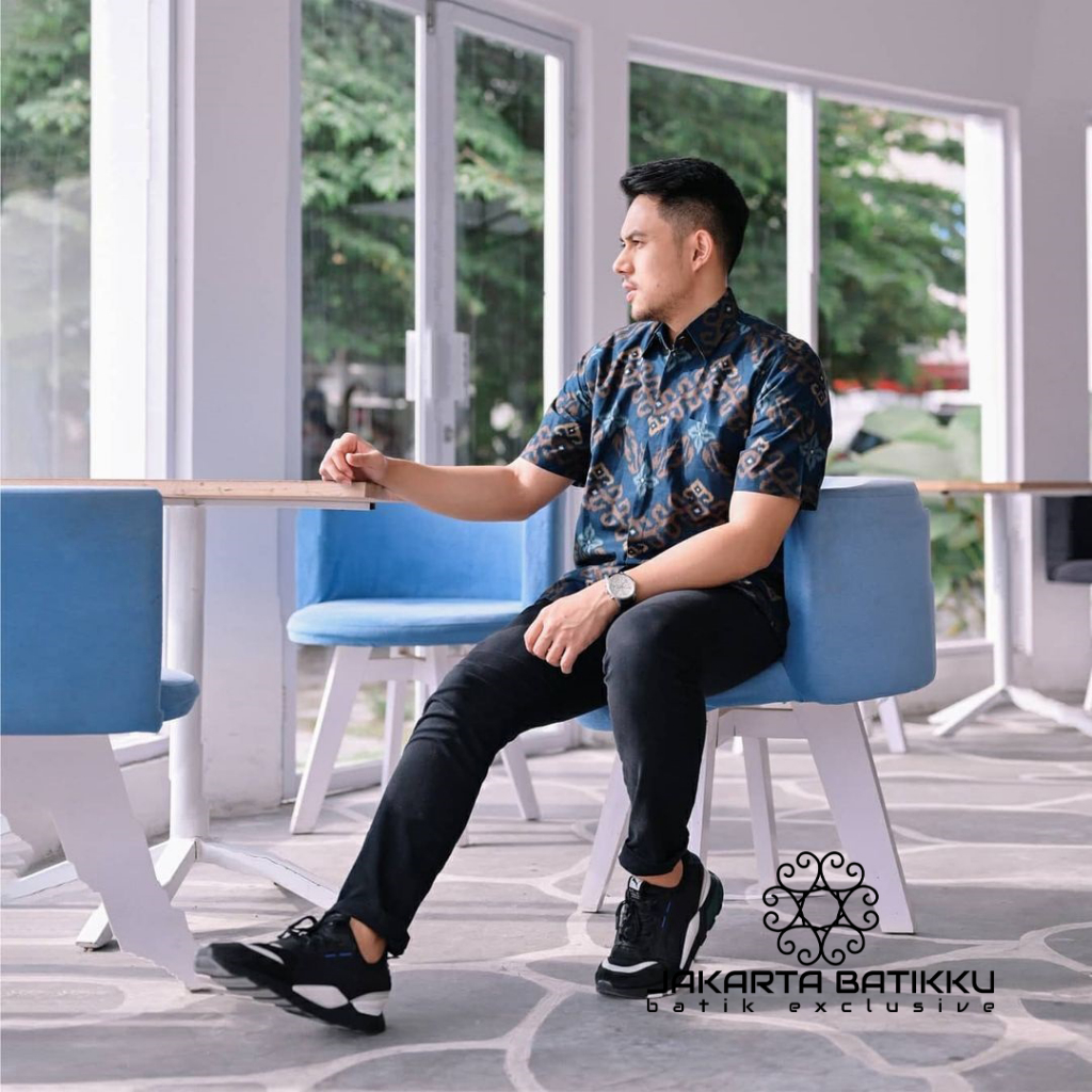 Batik kemeja lengan pendek pria anak muda dewasa katun biru premium