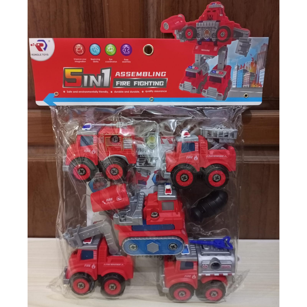 MAINAN MOBIL PEMADAM KEBAKARAN FIRE ROBOT / MAINAN ANAK SET MOBIL 5IN1 FIRE ROBOT KANTONG 589-15B