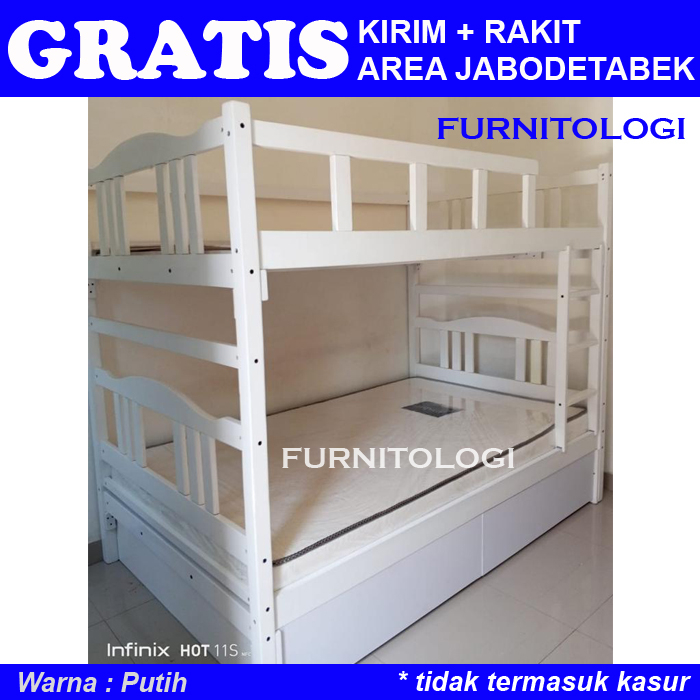 Ranjang Susun 2 Tingkat dengan Laci Kolong Serbaguna 120x200 White Bunkbed Tempat Tidur Susun Dipan 