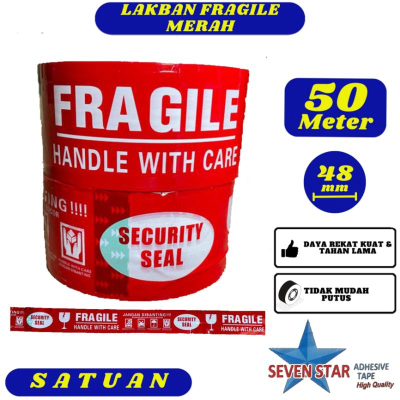 

Lakban Fragile Merah Seven Star 48mm x 50 meter Satuan - Lakban Daya Rekat Kuat,Tidak Mudah Putus