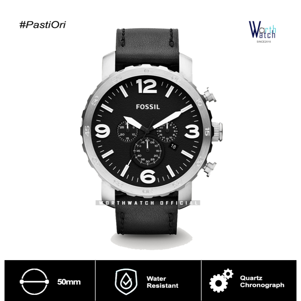 Jam Tangan Pria Besar Nate Chronograph Black Leather Strap Original BNIB 50mm