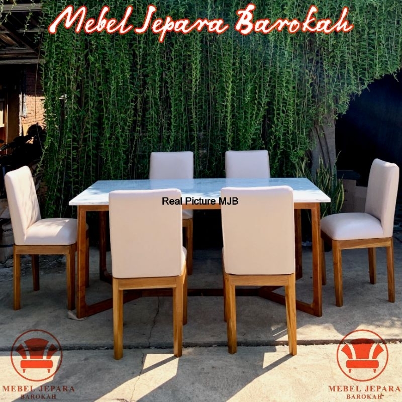 Set Meja Makan Kayu Jati Kombinasi Marmer Bentuk Persegi Panjang Minimalis Set Dining Table 6 Kursi