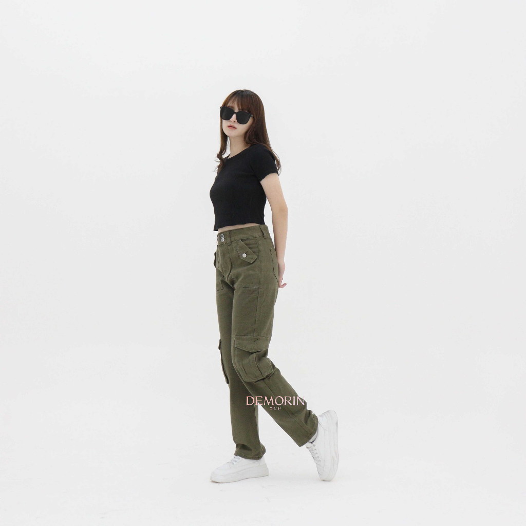 DEMORIN - Celana Highwaist Cargo Jeans Straight Bawahan Wanita X56 Army