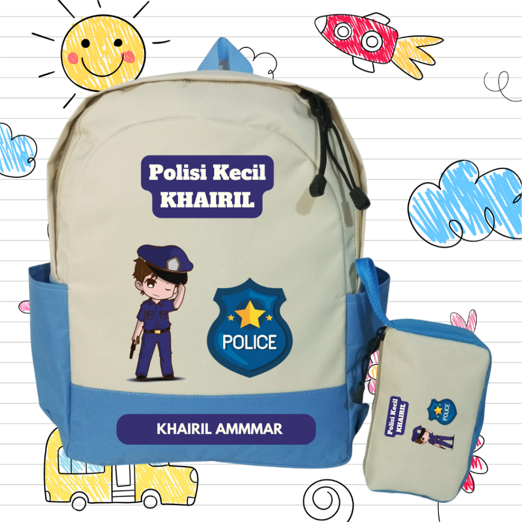 Tas Backpack Anak SD/TK | Custom Nama + Karakter | Polisi Kecil