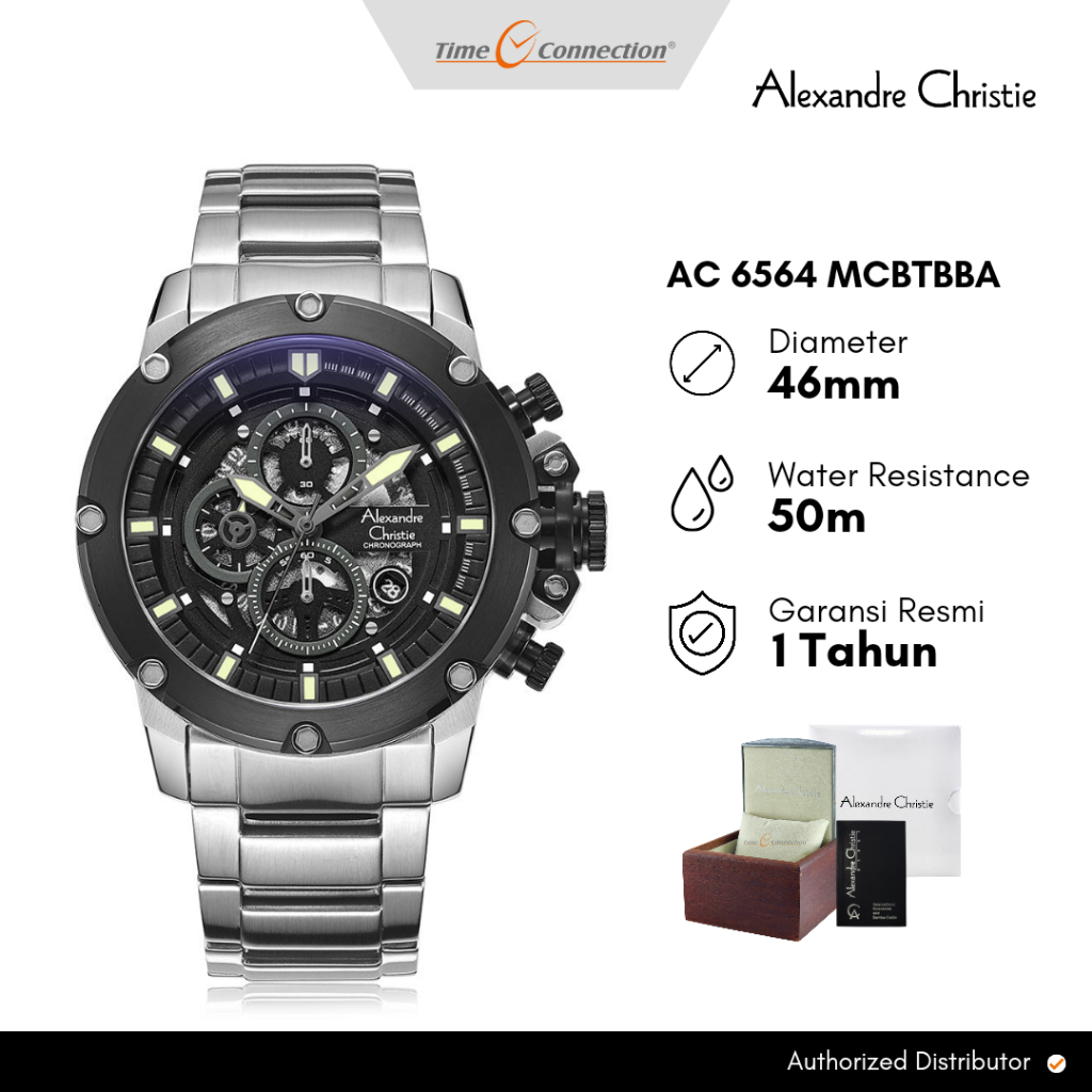 Alexandre Christie AC 6564 MCBTBBA Silver Hitam Original / Jam Tangan Pria Rantai Stainless Steel MC