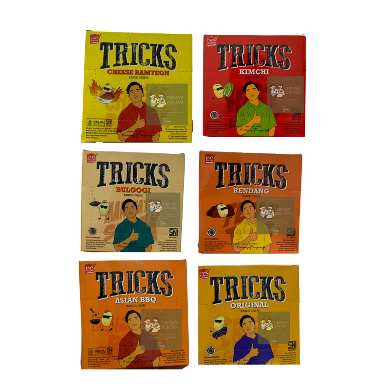 

TRICKS BAKED CRISPS / TRICKS RASA BULGOGI / TRICKS CHEESE RAMYEON / TRICKS KIMCHI / TRICKS ASIAN BBQ / TRICKS RENDANG / TRICKS ORIGINAL / TRICKS BOX ISI 10 / TRICKS BOX 120GR