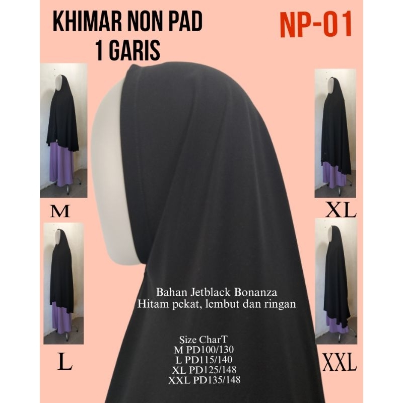 (FREE CADAR TALI / KARET) Khimar / Jilbab Bahan Jetblack Non Pad 1 garis