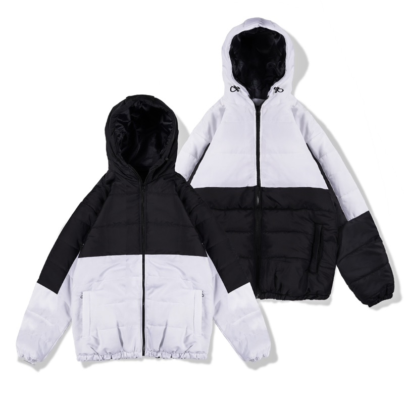 Jaket Puffer Hoodie Kombinasi Motif Distro TNA