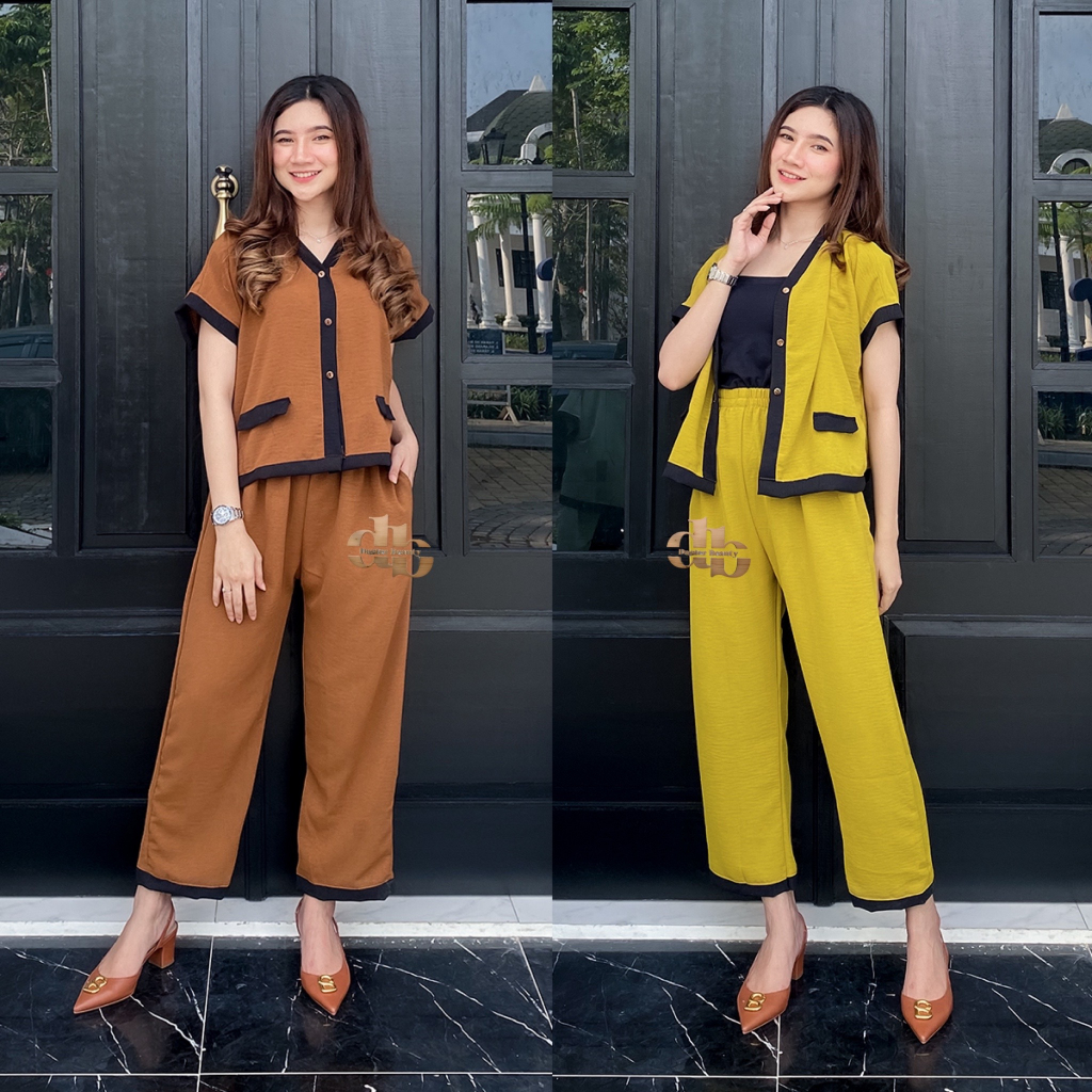 Lozy Baju Setelan One Set Wanita Kekinian Model Crop Top  Remaja Dewasa Polos  Tangan Pendek Celana 