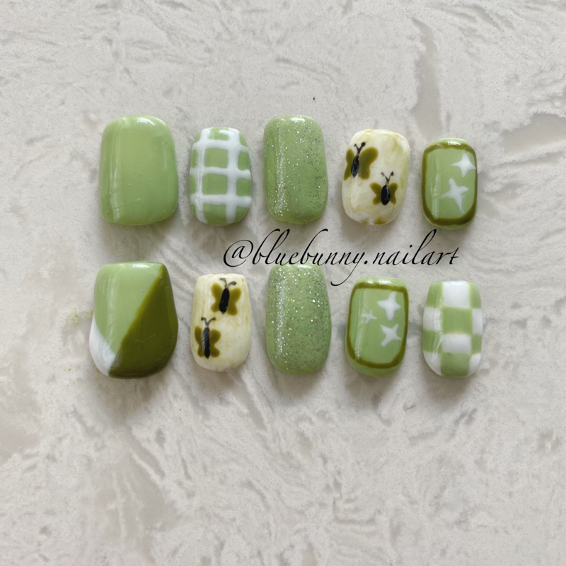 SAGE GREEN NAILS / PREMIUM PRESS ON NAILS / BLUEBUNNY NAIL ART / KUKU PALSU / FAKE NAIL / CUSTOM NAI