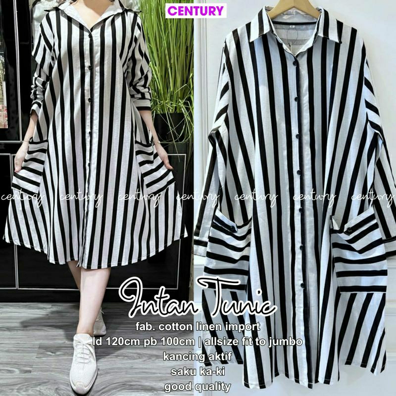 Intan long tunik katun linen jumbo stripe garis Ld 120 xxl