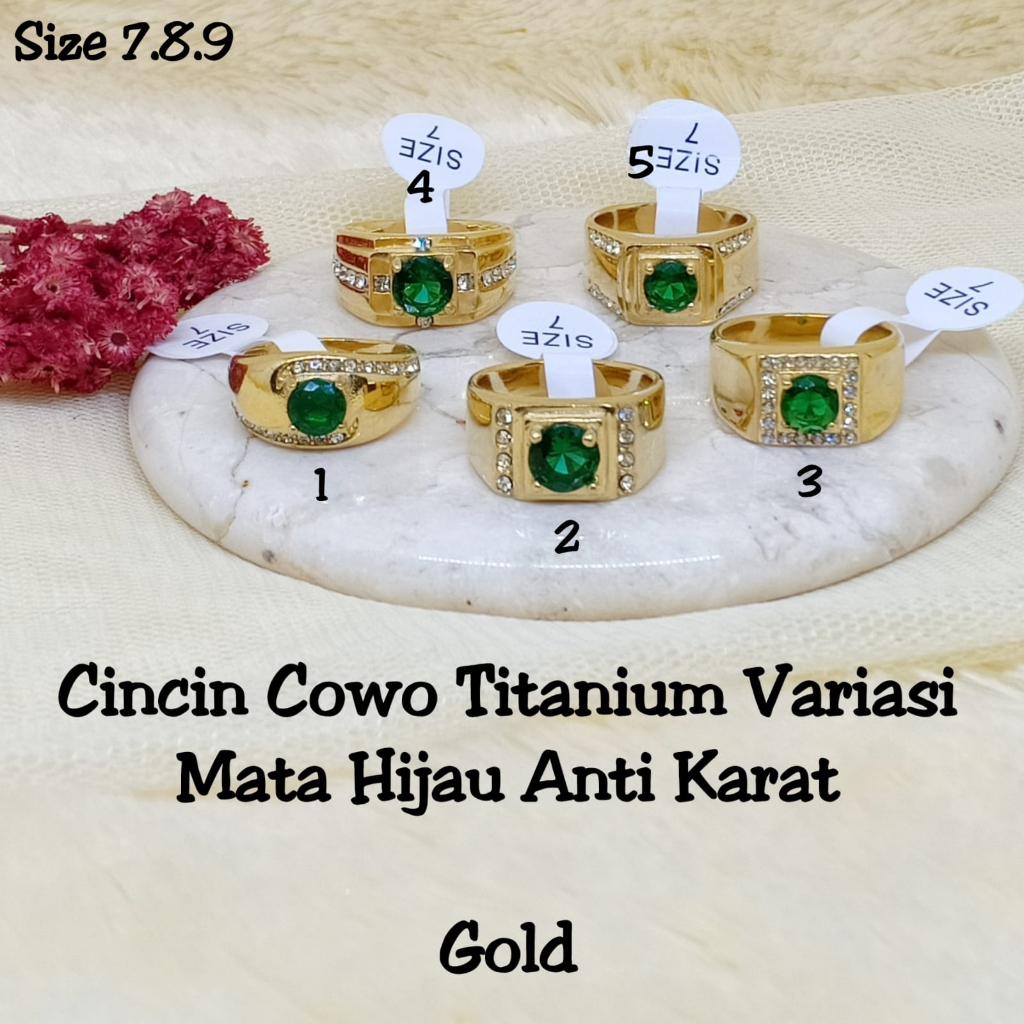 Cincin Titanium Batu Zircon Hijau Pria Cowok Gold Emas Anti-Karat Super Keren Stainless Steel Casual