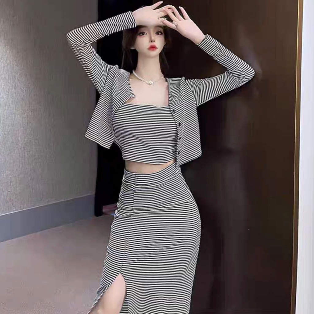 Set 3in1 rompi full salur 7765 / setelan korea / setelan wanita / ootd wanita set / setelan model ba