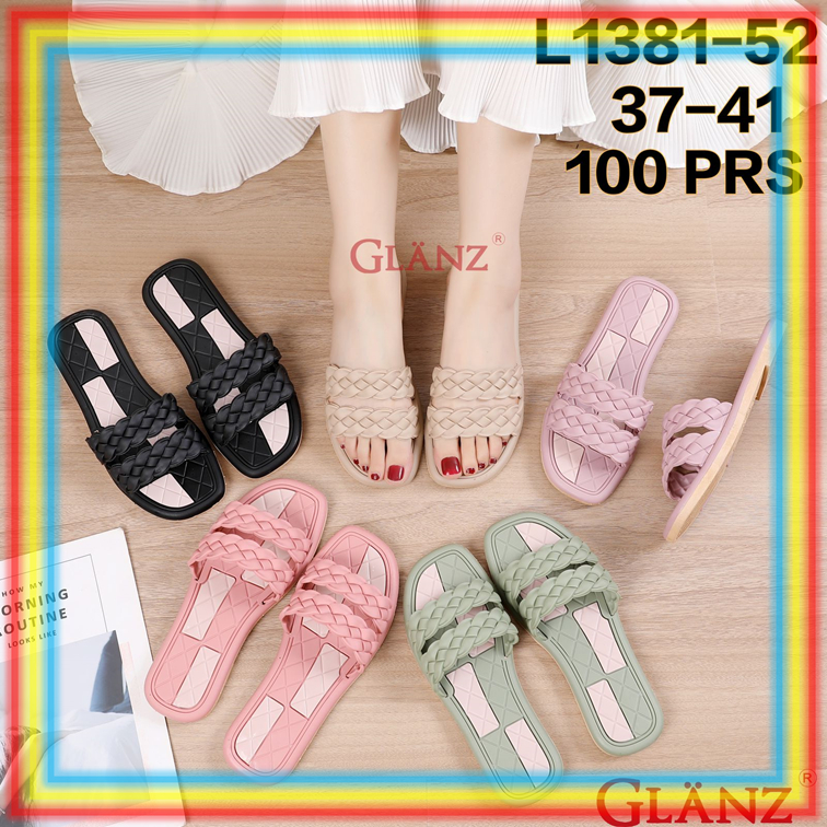 L1381-52 Sandal Slop Kerut Kepang Dua Wanita Glanz Sendal Selop Cewek Karet Kotak Catur Glanzton