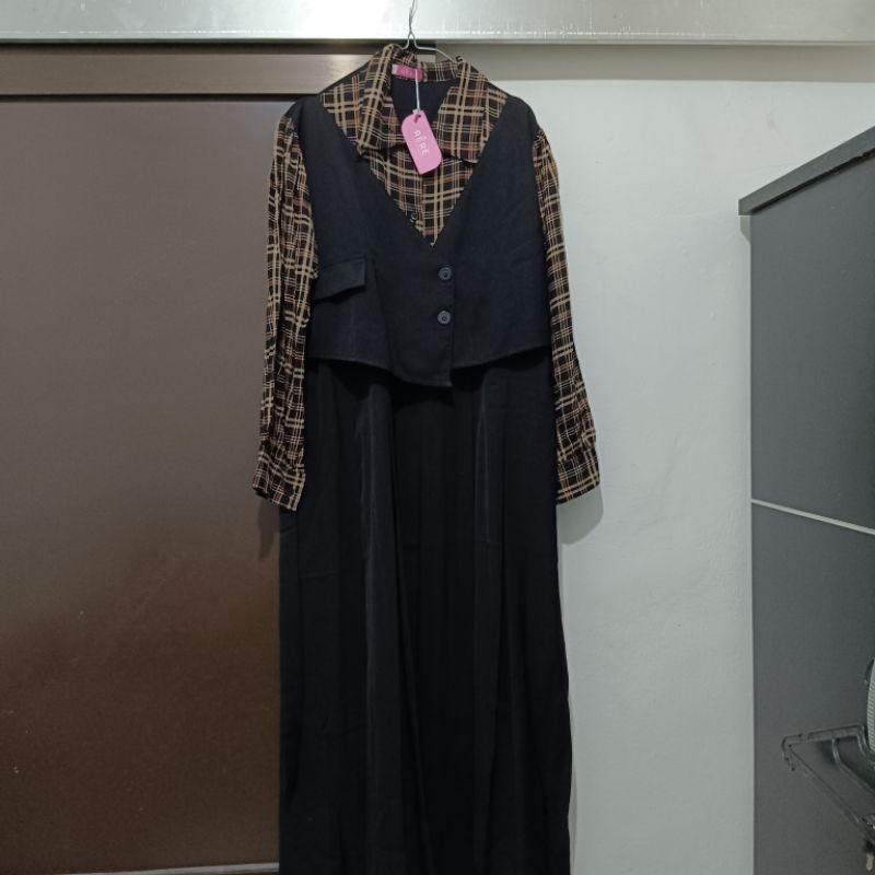 NEW Gamis kotak flanel mix vest katun coklat hitam busui bukan preloved