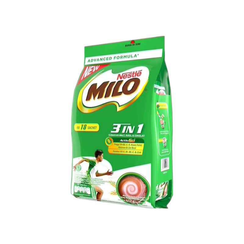 

MILO 3 IN 1 MINUMAN SERBUK COKELAT PACK 18 X 34 GRAM