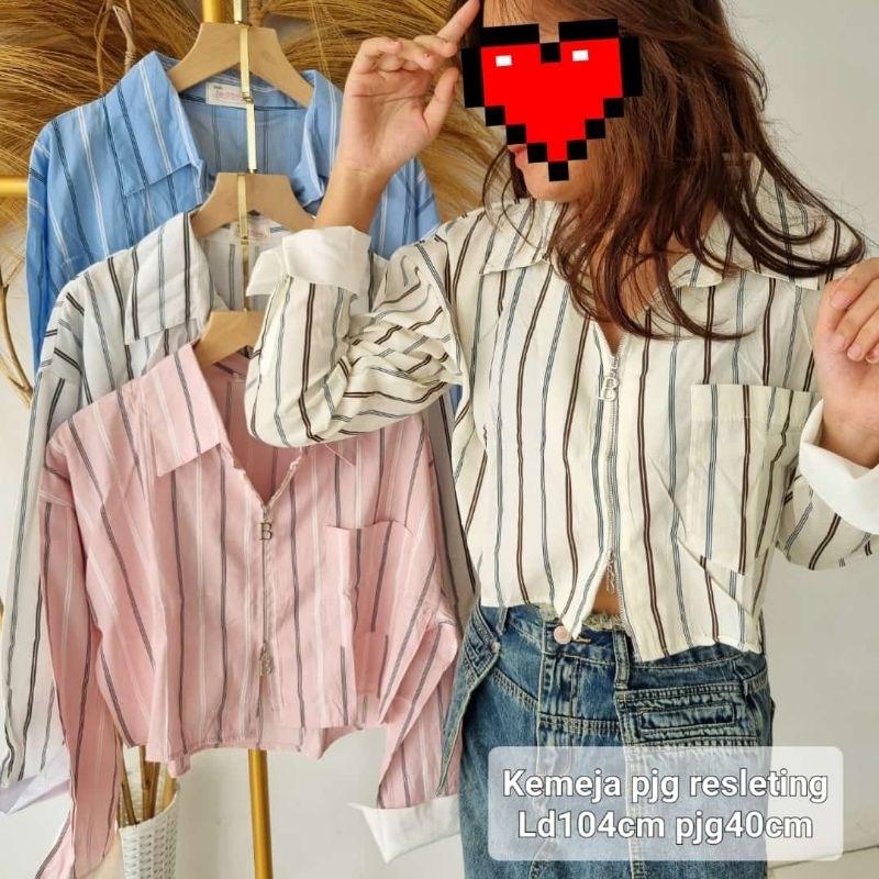 Kemeja crop BUBBLE salur resleting tangan panjang kerah import bkk