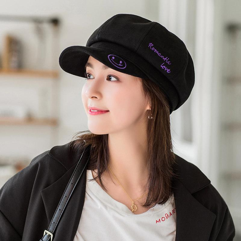 Topi Baret Bordir Senyum Katun Lucu untuk Wanita Topi Oktagonal Versi Korea Impor