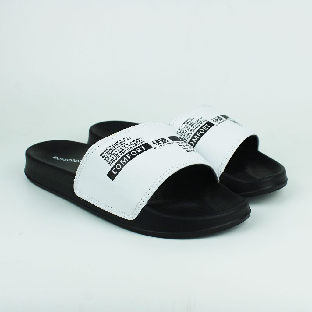 Sendal Selop Karet Distro Pria Wanita BOYSCODE Comfort Zone Hitam Putih / Slop Pria / Slip On Pria / Slide Pria