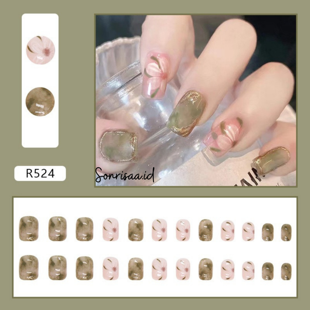Kuku Palsu Motif Bunga HIjau Pink 24pcs (R524) / Nail Art / Fake Nails / Kuku Palsu Pendek
