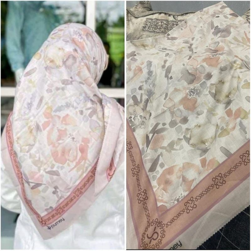 Hijab Segi Empat Voal Sublime Motif Warna Putih Peach Jilbab Kerudung