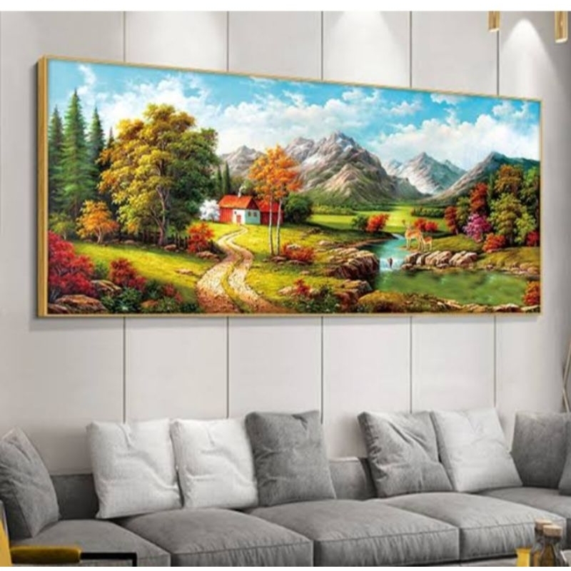 DIY paket kristik pemandangan rumah pedesaan gunung pola kain full cross stitch 11ct full sulam sila