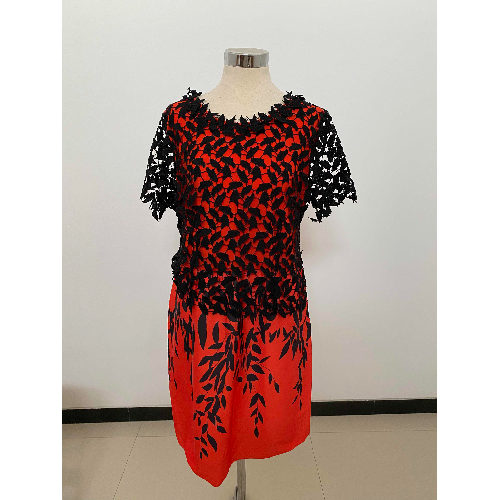 DRESS ORANGE MOTIF DAUN HITAM XL JUMBO UKURAN BESAR MINI DRESS WANITA MINI DRESS BAJU PESTA MAMA MER