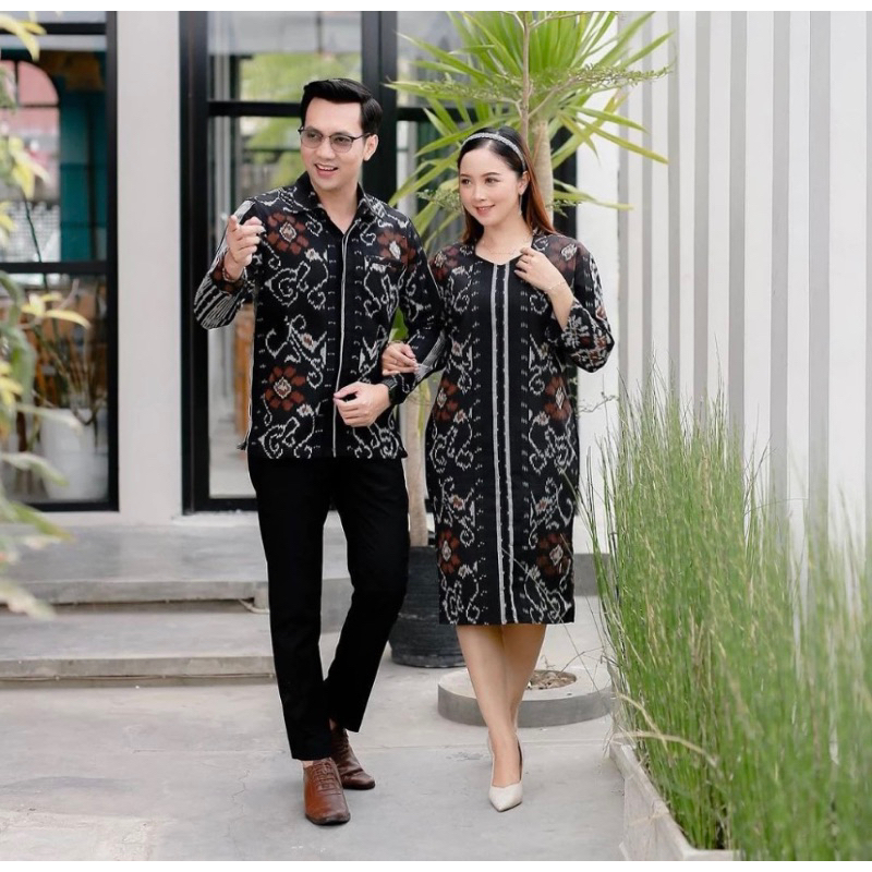 Batik Couple Pria Wanita Tenun Blangket Motif Bunga Matahari / Dress batik kantor / Kemeja batik ten