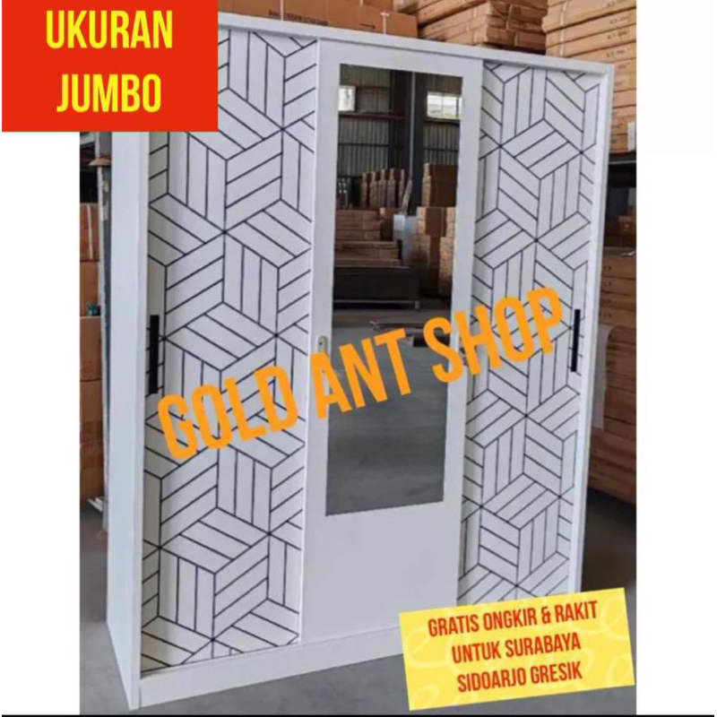 Lemari Pakaian Baju Sliding Besi Jumbo 3 Pintu Laci 120 150 Kaca / Lemari Besi 3 Pintu / Lemari Besi