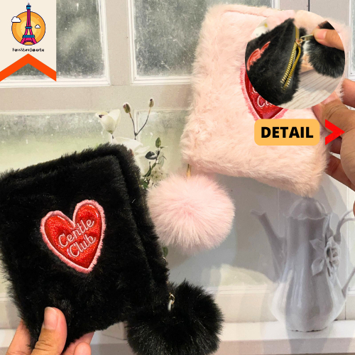 Dompet Bulu Persegi Motif Love Lonely Club Purse Resleting Pompom Centle.id Fashion
