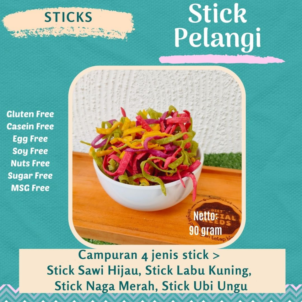 

STICK PELANGI VEGAN BUAH DAN SAYUR Sawi Hijau Labu Kuning Naga Merah - Gluten Free Egg Free Dairy Free MSG Free - DIET SPECIAL NEEDS