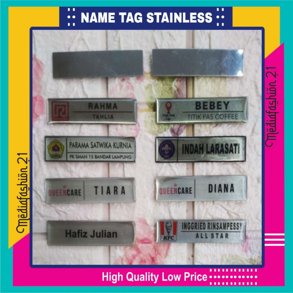 

Name Tag / Papan Nama Stainles Pengait Peniti - Paku - Magnet (Custom Satuan)