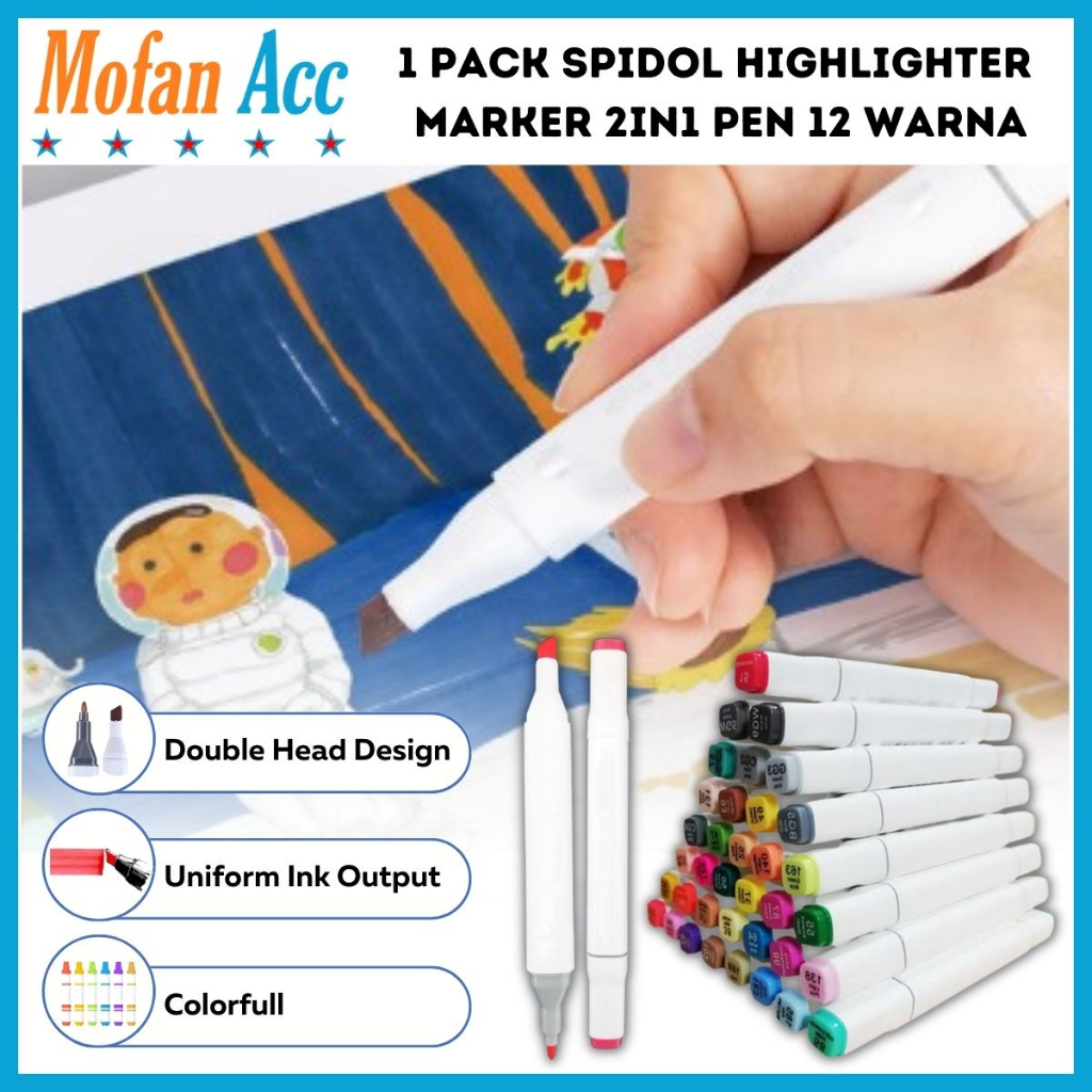 

1 PACK Spidol Highlighter Marker Pen (isi 12 Warna) / 2in1 Stabilo Pena Papan Tulis Penanda Novel Buku Belajar Kalimat Penting 2 sisi Ujung Ganda 1Set HighLight Water Colour Ink Gel Merah Kuning Hijau Biru Pink