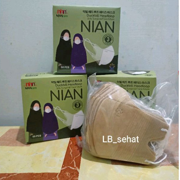 Masker Duckbill Hijab Dewasa Niancare Warna Pastel Tan Brown Coklat Isi 50 Pcs 3 Ply  Headloop