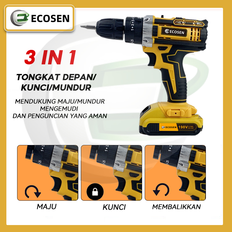 ECOSEN Mesin Bor Baterai Tangan With 2 Baterai 198VF Bor Tanpa Kabel Baterai Li-ion bor listrik murah bor tangan baterai besi tembok Beton kayu