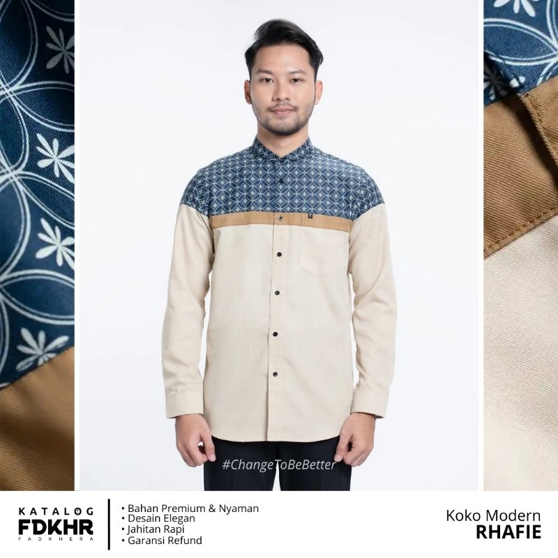 Fadkhera Rhafie Baju Kemeja Koko Pria Motif Beige Navy Gold