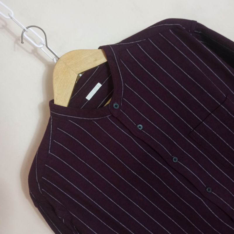 [Flannel Uniqlo] Kemeja Flanel Stripe Kerah Shanghai Long Sleeve Shirt Ungu Size L