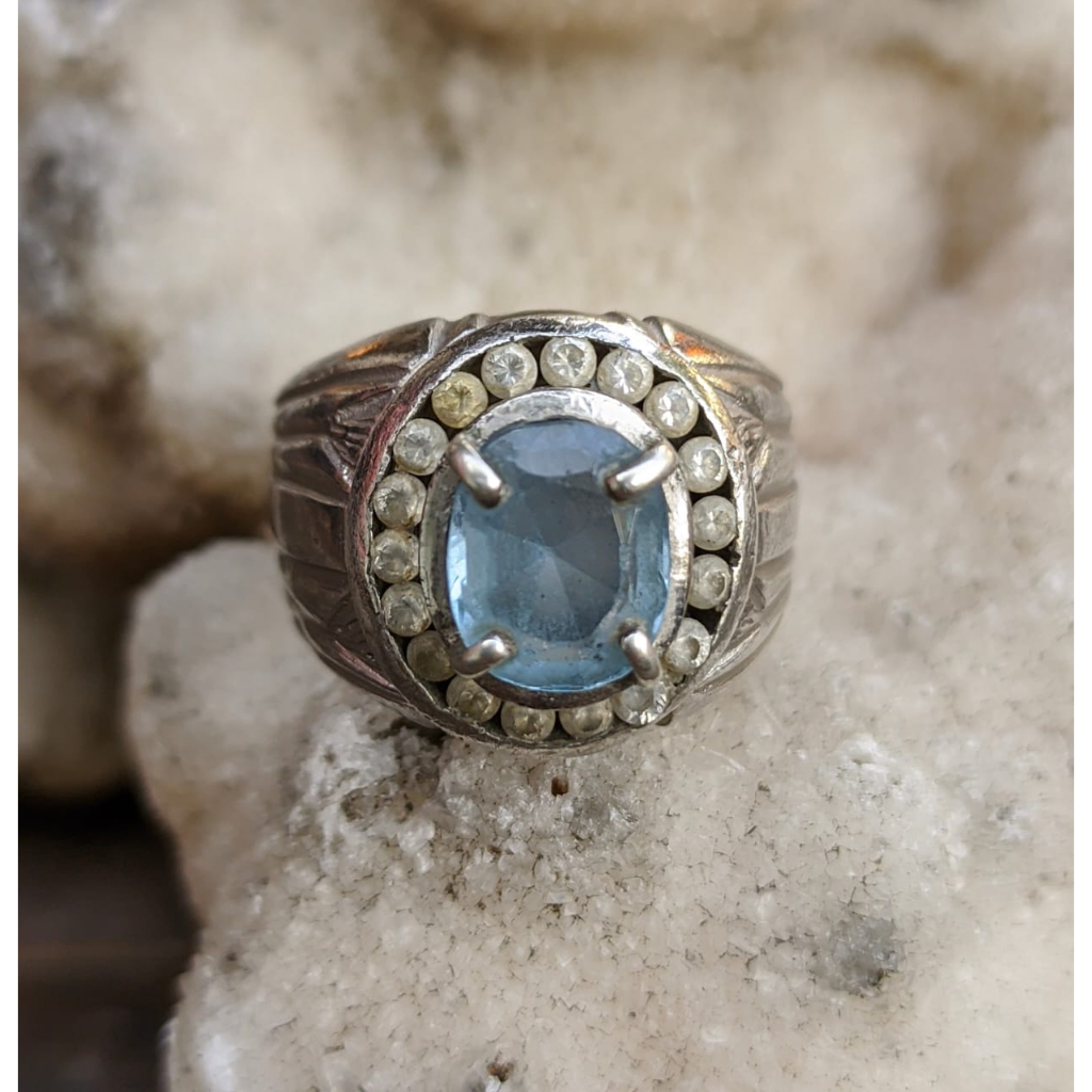 Natural Blue Aquamarine Beryl Ring Perak 925 HM Mewah